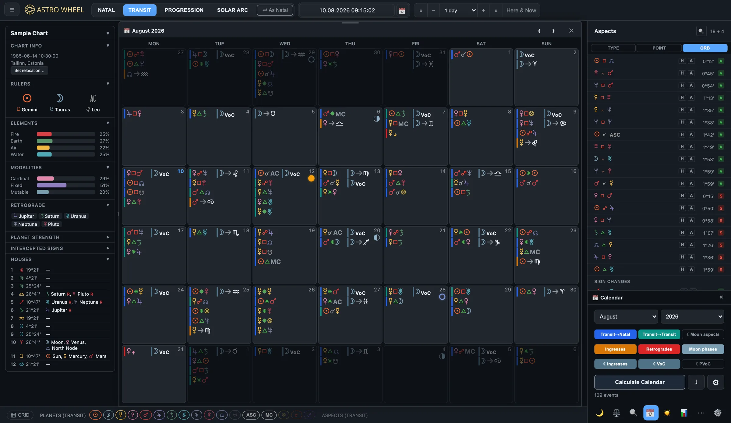 August 2026 astrological calendar grid with 109 events